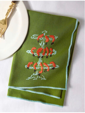 Anthropologie Shrimp Cocktail Tower Embroidered Green Napkins Set of 2